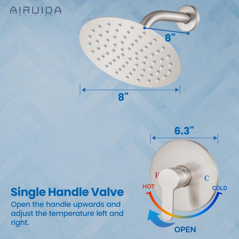 Airuida Shower Faucet Set,8 Inch Round Rainfall Shower Head,SUS304 Stainless Steel Single Handle Shower Trim Kit,Wall Mount Bathroom System with Female Threads Valve Brushed Nickel - Image 4